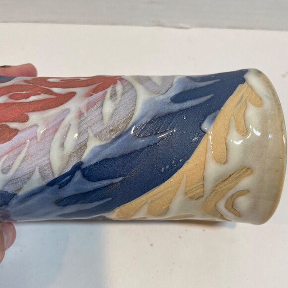 Handcrafted Ceramic Tumbler With Abstract Multicolor Design 6" Tall By Local Pot - Picture 8 of 9